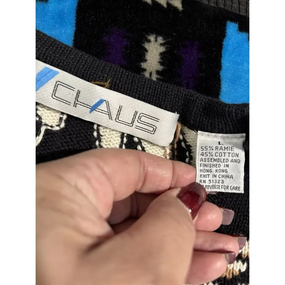 Chai's Black/Tan Animal Print Crew Neck Sweater Long Sleeve Size Large Thick